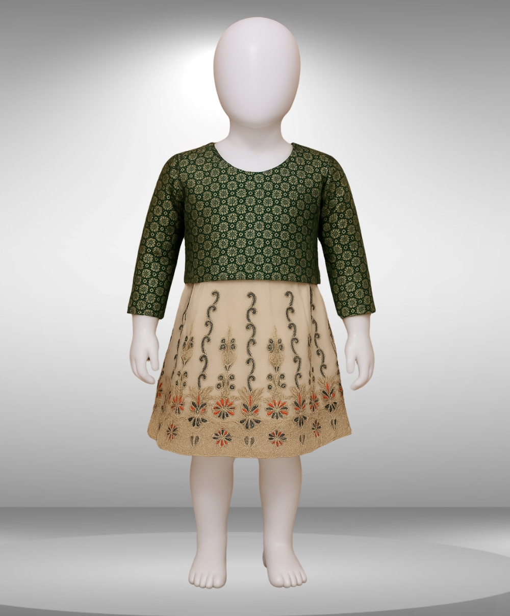 Green Jamawar Frock for kids